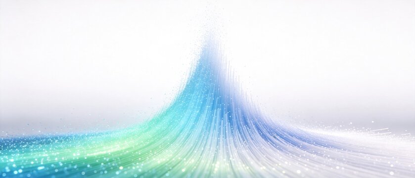 Flowing blue and green digital data stream wave with glowing particles, idea for big data, information technology, network and analytics background design template