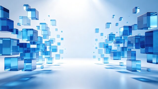 Floating transparent blue glass cubes in bright futuristic space, idea for digital technology, blockchain, cloud computing and abstract IT background design template