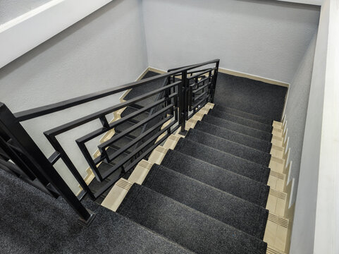 High-angle view of interior staircase with carpeted steps