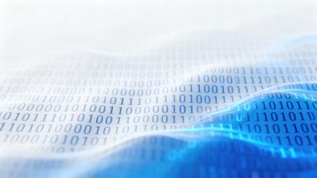 Blue flowing digital wave over binary code with bright copy space, idea for data technology, cybersecurity, programming and information network background design template