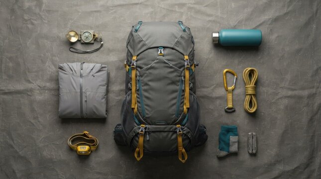 Hiking backpack and travel gear set with camping equipment isolated on a plain background for outdoor adventure and mountain trips