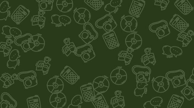 Dark olive green pattern with outline icons of calculators, cameras, speech bubbles, and discs. Suitable for business presentations and web designs.

