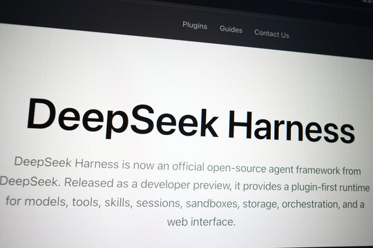 Webpage displaying DeepSeek Harness open-source framework text on screen.