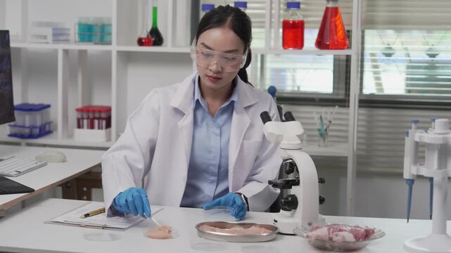 An Asian female scientist wearing a lab coat, safety goggles, and gloves is examining a raw meat sample under a microscope and recording research findings in a modern food safety laboratory.