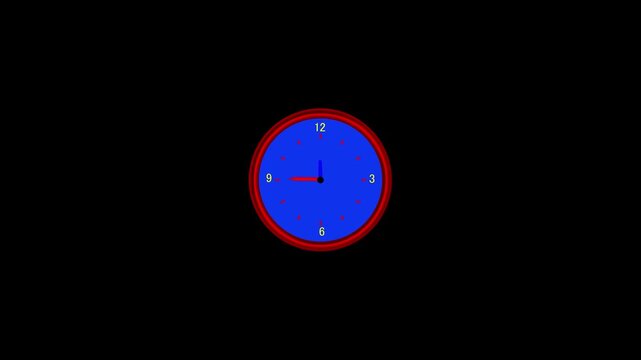 Minimalist red and blue analog clock face spinning fast time lapse motion