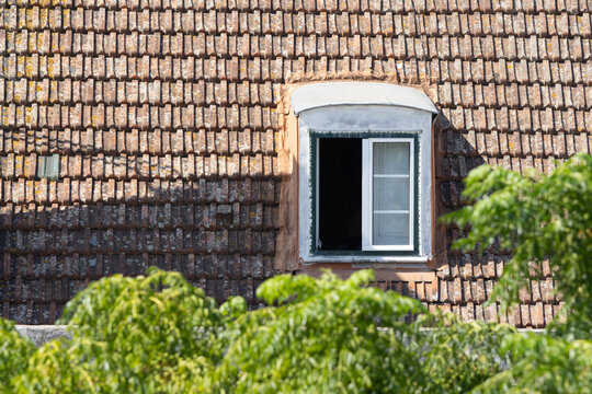 Dormer window on old tiled roof with green trees