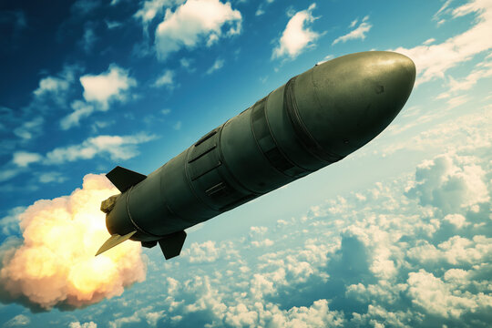 ww3 hypersonic missile, bulky dark green weapon flying above bright blue clouds, photorealistic
