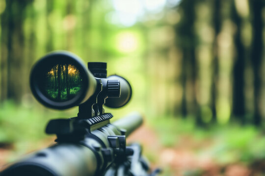 ww3 sniper rifle point of view, scope aimed through sunlit green forest, photorealistic