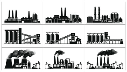 Fototapeta premium Industrial factory plant icon set with smoking chimneys silos oil pumps and manufacturing warehouse silhouettes vector