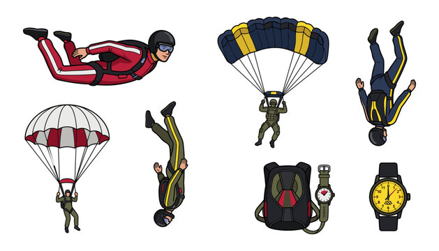 Extreme Skydiving and Parachuting Adventure Vector Illustration Set with Skydivers in Free Fall Poses, Parachute Canopies, Backpack Equipment, and Altimeter Watch Icons