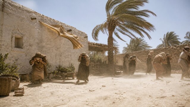 Group of biblical people shielding themselves from a powerful desert wind in an ancient village. Luke 12 scene depicting warning, division, hardship, and prophetic signs.