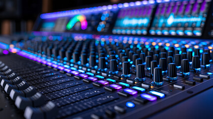 Fototapeta premium A professional audio mixing console glowing with blue and purple lights in a recording studio. Perfect background for.