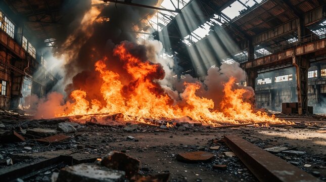 Large fire burns inside ruined industrial warehouse. Massive flames, thick smoke fill abandoned factory building. Debris, metal scraps cover ground under sunlight rays. Post apocalyptic disaster