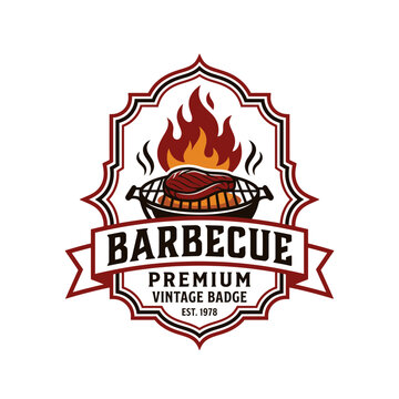 Vintage barbecue grill badge logo with flame.
