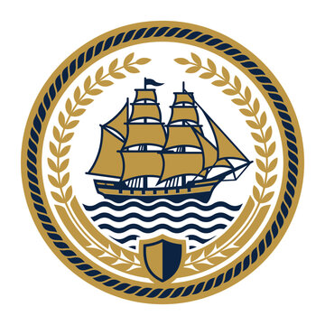 Vintage clipper ship in gold laurel wreath crest.