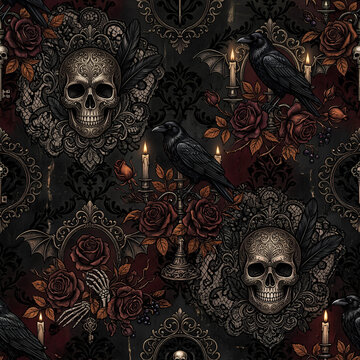 Gothic seamless pattern with ornate skulls, ravens, dark red roses, candles, and damask lace ornaments on dark vintage background