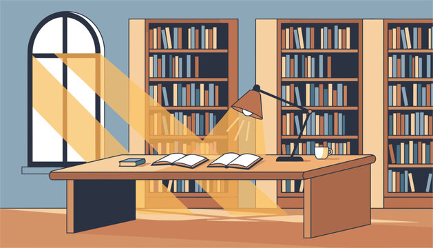 Quiet cozy study room with bookshelves, a large window letting in sunlight, and open books on a wooden table.