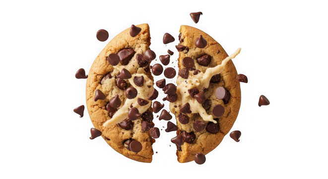 Chocolate chip cookie with melty chunks and crumb topping on white background