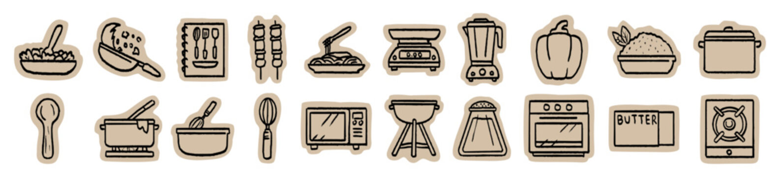 kitchen cooking utensils scrapbook collage, culinary equipment set, recipe food prep elements, kitchenware cookware icon collection, cutout craft paper sticker