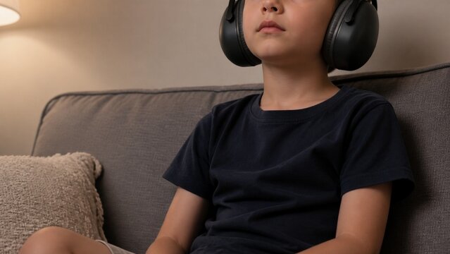 Child wearing large over-ear defenders sitting on a sofa, cropped below the nose, plain wall behind, warm lamp light, soft shadows