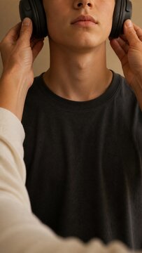 Cropped hands adjusting noise-cancelling headphones on a teenager, cropped below the nose, plain background, warm lamp light