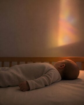 Sleeping infant in a quiet dim room while faint coloured light flickers softly on the wall, face turned away and not detailed, warm lamp light