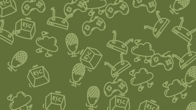 Scattered green white line drawings game controllers microphones escape keys cloud icons. Suitable for gaming websites, tech blogs, and social media posts.