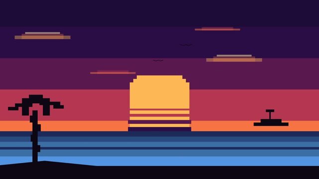 Video of pixel art sunset over ocean with palm trees.