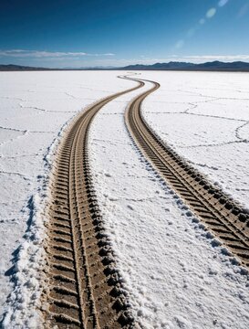 Tramway lines weave across immaculate salt desert, bordered by distant mountain silhouettes under vast azure expanse. Earth surface, encrusted with glistening salt crystals, slices under stark sun.