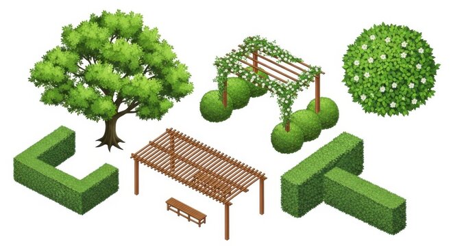 Isometric garden elements with trees pergolas and hedges