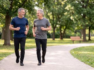 Obraz premium Senior white male friends aged 65 to 75 jogging together in a green park while laughing and talking for healthy aging fitness retirement wellness and active lifestyle
