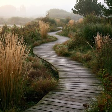 Curved wooden boardwalk through natural vegetation, misty morning atmosphere, organic landscape design, peaceful eco aesthetic