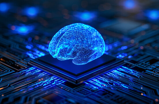 A glowing digital brain hovers above a complex computer processor chip with bright blue circuit lines. Ideal for.
