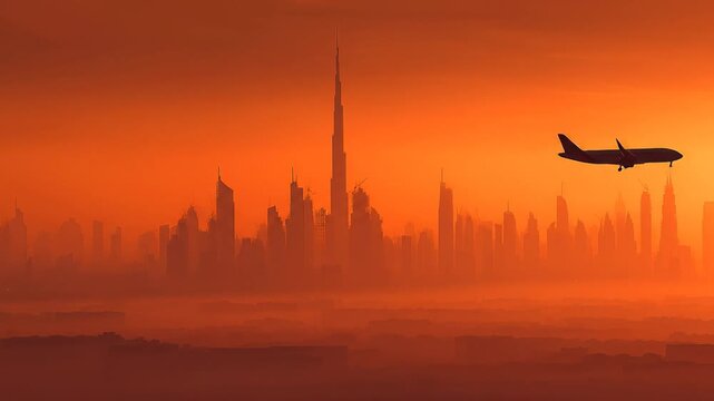 Dramatic cityscape silhouette with a tall modern skyscraper and airplane flying at fiery orange sunset or sunrise