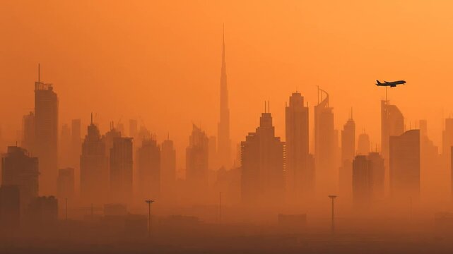 Dramatic golden hour cityscape with towering modern skyscrapers and an airplane flying through hazy, atmospheric skies at sunset