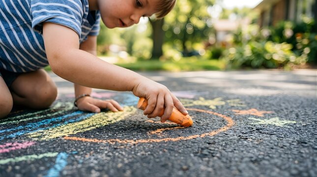 Child drawing colorful circles with sidewalk chalk on a paved driveway