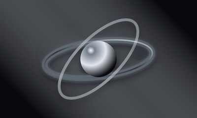 Futuristic silver atom model with orbiting rings. Minimalist metallic sphere on dark background. Science and technology concept art. © Faruk