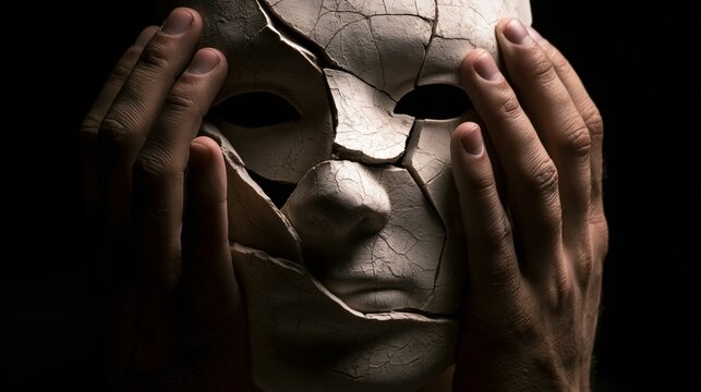Cracked porcelain mask falling apart in human hands, symbolizing hidden identity, emotional instability and inner psychological struggle