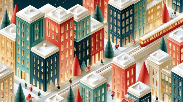 Isometric pixel perfect Christmas city at night with miniature buildings and festive lights