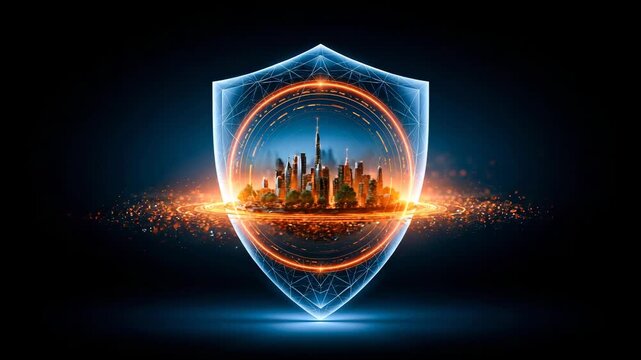 Abstract Cybersecurity Shield Protecting Futuristic Smart City