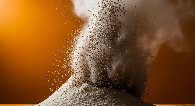 Powder exploding and scattering granular particles with dust cloud against a vibrant orange background, dynamic motion, ideal for ingredient advertising, food production and abstract backgrounds