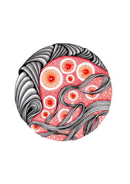 Striking hand-drawn circular zen doodle artwork featuring black and white shaded ribbon folds, wavy lines, and luminous red and orange radiating orbs over a textured stippled background.
