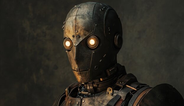 A humanoid robot with metallic skin and glowing eyes, wearing vintage armor from the steampunk era. The background is a dark gray, creating 
