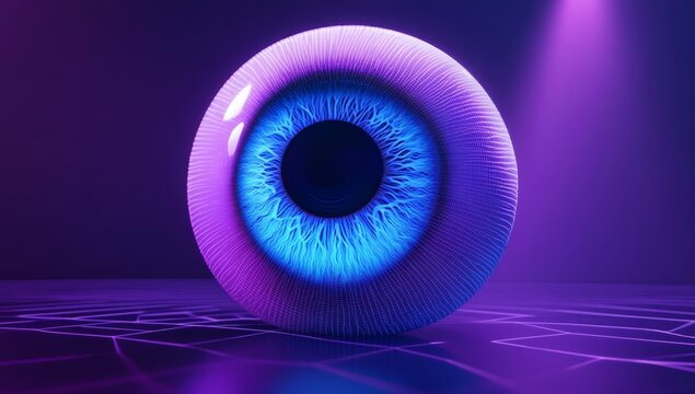 A large blue eye with an eye patch is placed inside it, a hexagon made up of many white lines floats in the air around the eyeball