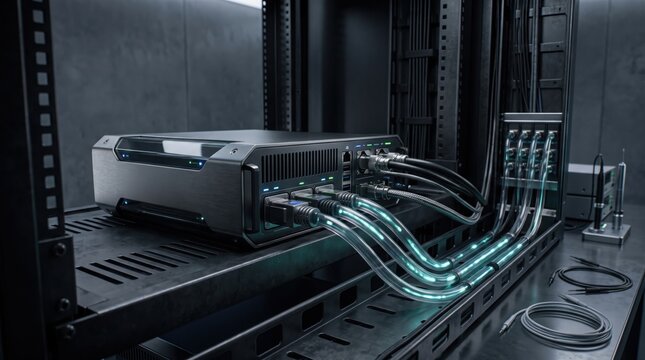 High-tech server with glowing liquid cooling pipes in data cente