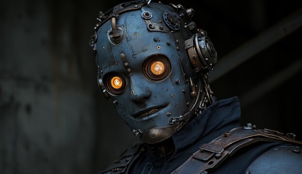 A humanoid robot with metallic skin and glowing eyes, wearing vintage steampunk attire, stands in an industrial setting