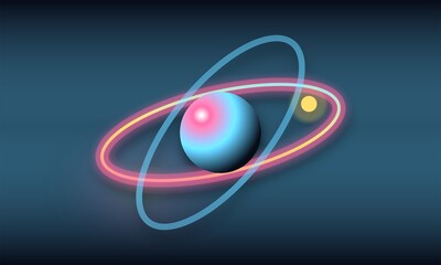 Stylized 3D planet with glowing neon rings, cosmic orbital sphere illustration, futuristic space science concept art © Faruk