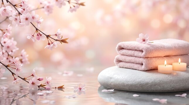 Spa concept with pink cherry blossoms, folded towels, and candles on a stone