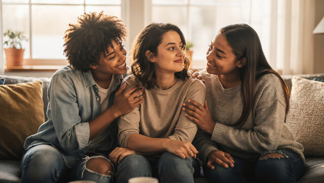 Three diverse women sharing a tender moment on a couch, soft window light, ideal for lifestyle blogs, friendship stories and home decor inspiration