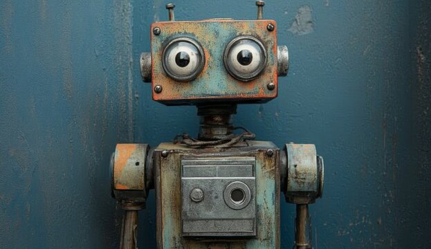 A robot with a metallic body, vintage style, and steampunk features. It has two large eyes on its head, and the upper part of its chest is covered in silver metal armor